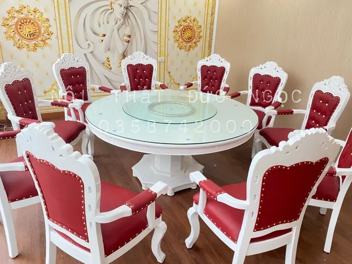 Bàn ăn mâm xoay tròn gỗ sồi tự nhiên 6 ghế bọc nệm da cao cấp DN-TB-04 xưởng Đức Ngọc