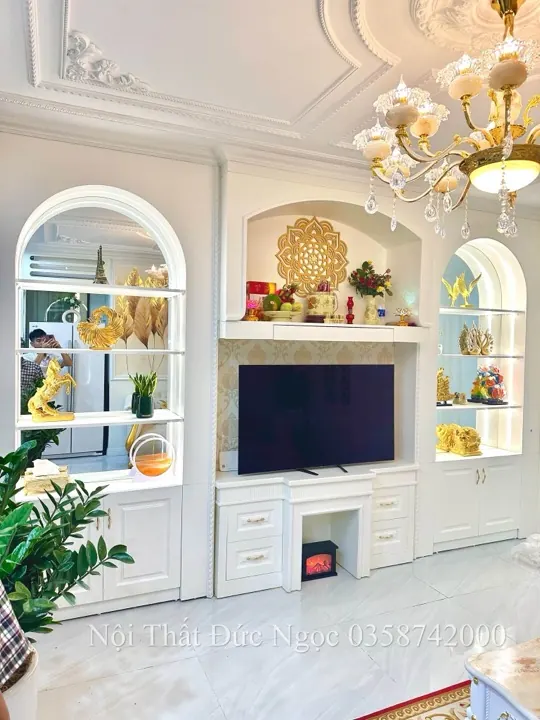 Kệ tivi tân cổ điển cánh vòm soi chỉ nổi sơn PU inchem trắng sứ DN-KT-04 xưởng Đức Ngọc