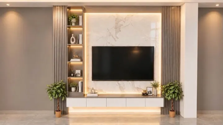 Kệ tivi bệt chân titan 2m4 mặt đá cẩm thạch nhân tạo chống ố DN-KT-06 xưởng Đức Ngọc