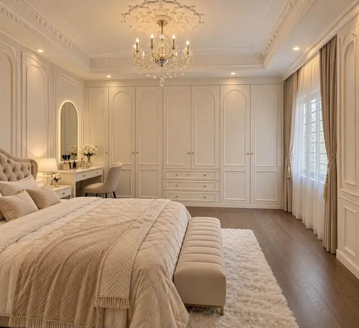 Giường tân cổ điển phào chỉ dát vàng hoàng gia cho biệt thự DN-GN-08 xưởng Đức Ngọc