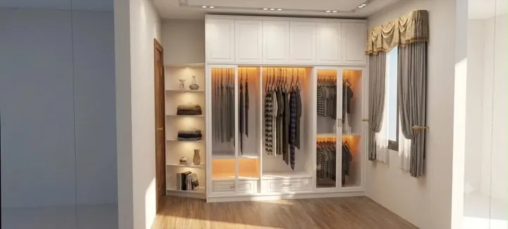 Hệ tủ áo Walk-in Closet không cánh chữ U biệt thự sang trọng DN-WC-01 xưởng Đức Ngọc