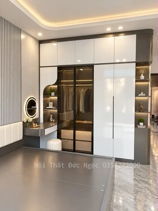 Tủ áo cánh lùa kính đen kết hợp cánh Melamine vân gỗ sồi DN-TA-34 xưởng Đức Ngọc