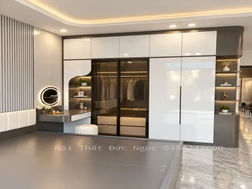 Tủ áo cánh phẳng Acrylic trắng bóng không đường line phối kính trà DN-TA-16 xưởng Đức Ngọc