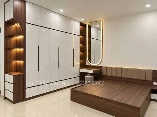 Tủ áo vân gỗ óc chó phối cánh phẳng trắng sứ sang trọng DN-TA-17 xưởng Đức Ngọc