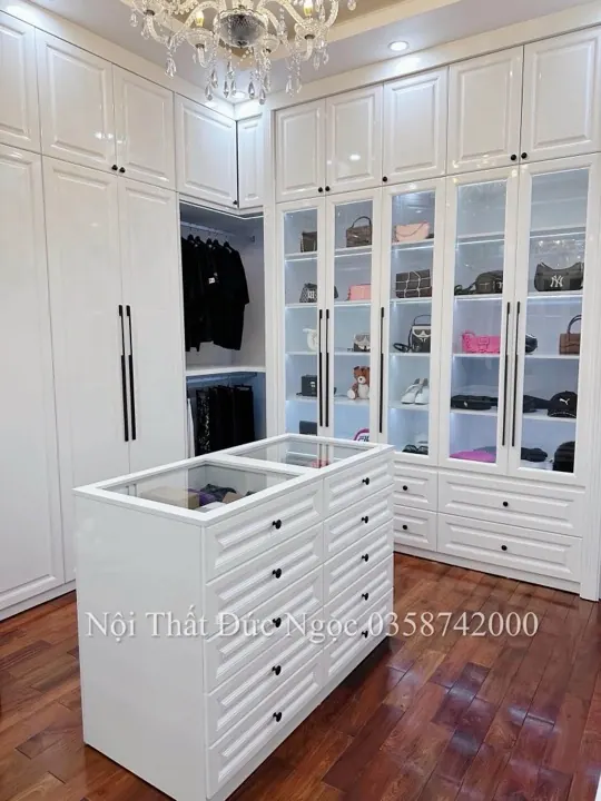 Bàn đảo phụ kiện trang sức 2 mặt kính cường lực chia khay nhung DN-WC-03 xưởng Đức Ngọc