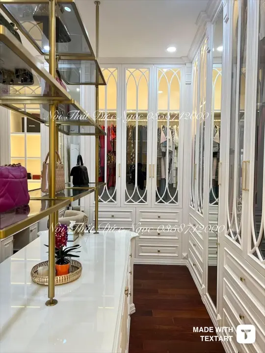 Hệ tủ Walk-in Closet cánh kính đen khung nhôm Champagne DN-WC-02 xưởng Đức Ngọc