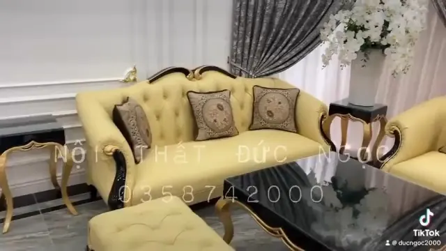 Bộ ghế Sofa văng tân cổ điển bọc nỉ nhung khung gỗ chạm hoa lá DN-KT-08 xưởng Đức Ngọc