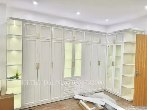 Hệ tủ áo góc chữ L tân cổ điển siêu dài phòng ngủ Master biệt thự DN-TA-13 xưởng Đức Ngọc