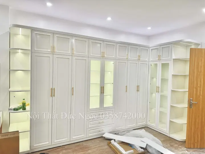 Hệ tủ áo góc chữ L tân cổ điển tối ưu góc phòng ngủ DN-TA-04 xưởng Đức Ngọc