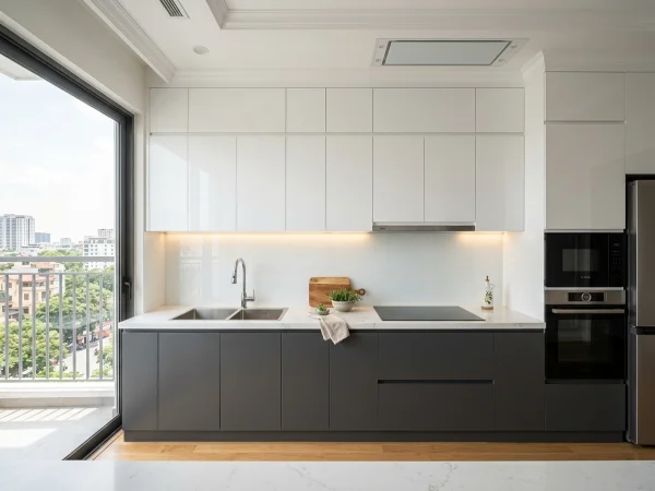 Hệ tủ bếp dưới MDF chống ẩm phủ Melamine vân gỗ chống trầy DN-TB-01 xưởng Đức Ngọc
