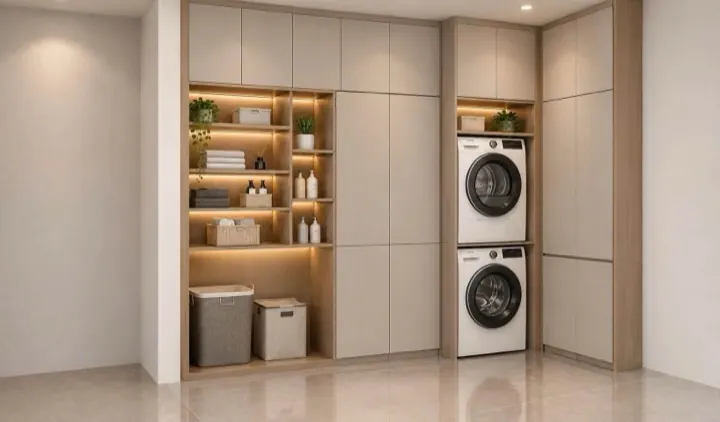 Hệ tủ máy giặt - máy sấy ban công chịu nước kết hợp khoang giặt tẩy DN-PT-02 xưởng Đức Ngọc